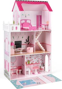 Casa de bonecas de madeira 74,5 x 34 x 120,5 cm com 18 peças de mobiliário e escada rosa