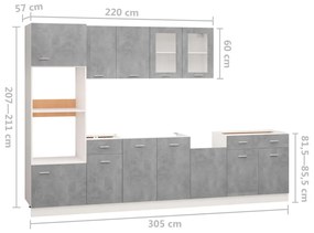 7 pcs conj. armários de cozinha contraplacado cinzento cimento