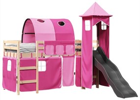 Cama alta para criança com torre 90x190 cm pinho maciço rosa