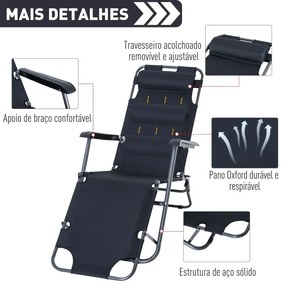 Espreguiçadeira Dobrável com Encosto - Preto - Design Ergonômico