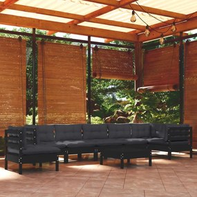 vidaXL 9 pcs conjunto lounge jardim c/ almofadões pinho maciço preto