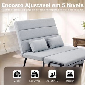 Sofá-cama de 2 Lugares 3 em 1 em Tecido Efeito Linho com Encosto Ajustável Click-Clack, Cinzento-claro