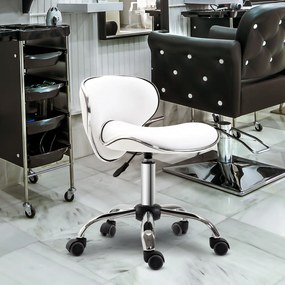 Banco com rodas, banco de trabalho com altura ajustável de 44 a 56 cm e encosto, giratório a 360°, branco