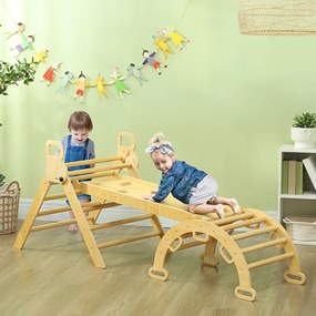 Triângulo de escalada 185 C x 66 L x 71 A cm infantil 5 em 1 com rampa de escalada reversível e balancé madeira natural