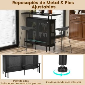 Mesa de bar alta Armário de bar em metal com 2 estantes para vinhos e 6 suportes para copos Suporte de bar Cozinha Pub 120 x 50 x 106,5 cm Preto