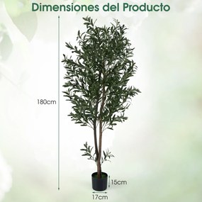 Conjunto de 2 Plantas artificiais de 180 cm Oliveira com frutos e musgos realistas Base estável Tronco PE robusto em vaso Verde