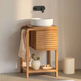Conjunto De Móvel De Casa De Banho Em Madeira De Teca Bradley Cerâmica Redonda Branca Ø40 Cm Lenka & Sem Espelho & Preto Mate - Sklum
