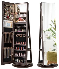 Armário de joias de chão com fechadura, espelho de corpo inteiro e luzes LED - marrom