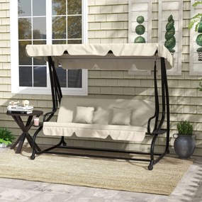 Banco Baloiço de Jardim 3 Lugares Convertível em Cama com Toldo Ajustável e 2 Almofadas  200x120x164 cm Creme