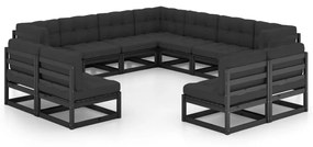 vidaXL 11 pcs conjunto longue jardim c/ almofadões pinho maciço preto