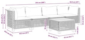 5 pcs conjunto sofás de jardim com almofadões vime PE preto