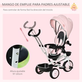 HOMCOM Triciclo para Bebé 2 em 1 Triciclo Evolutivo para Crianças de 1-5 Anos com Capô Dobrável Guiador Telescópico Grade de Proteção Removível e Apoio para os Pés 100x48x106cm Rosa