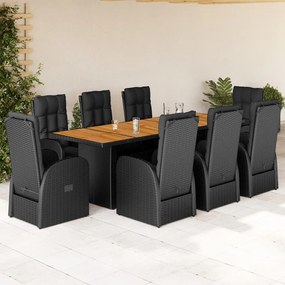 vidaXL 9 pcs conjunto de jantar p/ jardim c/ almofadões vime PE preto