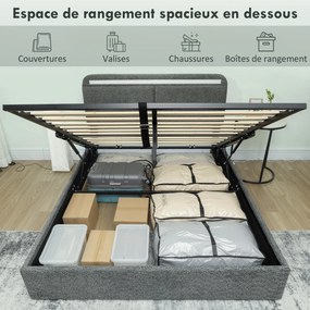 Cama com arrumação 140 x 190 cm com iluminação LED (COLCHÃO NÃO INCLUIDO), cabeceira ajustável, estrutura de cama de casal, base de ripas de madeira,