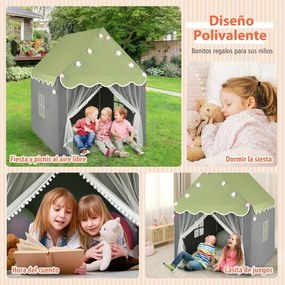 Tenda para crianças com tapete lavável Castelo de fadas com luzes Janelas 105 x 121 x 136 cm Verde