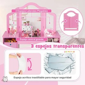 Conjunto 2 em 1 Toucador e Cadeira de Maquiagem para Crianças a partir de 3 anos com 3 Espelhos Removíveis e 4 Compartimentos de Armazenamento Rosa