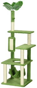 Arranhador de Gatos Grande de 142 cm com Postes de Sisal Plataformas Rede Folhas e Bola de Brinquedo Ø49x142 cm Verde