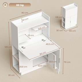 Secretária dobrável para computador  80 x 30 x 128 cm,  com tampo rebatível, prateleiras e armário, branca