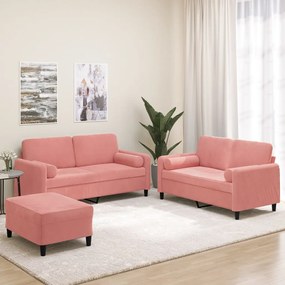 vidaXL 3 pcs conjunto sofás c/ almofadas/almofadões veludo rosa