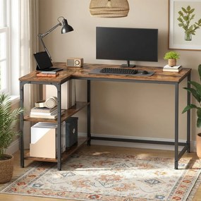 Secretária com espaço de arrumação em L 110 x 80 x 76 cm, prateleira ajustável em altura castanho