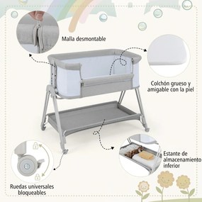 Berço lateral dobrável e portátil para bebés, com 7 alturas ajustáveis, colchão confortável e prateleira de arrumação, 97 x 56 x 86,5 cm, cinzento