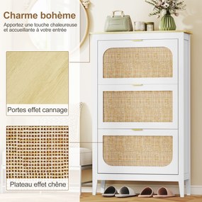 Sapateira com capacidade para 21 pares 80 x 24 x 131 cm, estilo boémio, com 3 gavetas rebatíveis, portas com efeito de vime, branco