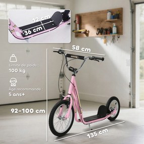 Trotinete infantil, com pneus grandes, guiador ajustável, punhos, travões e descanso, em aço rosa