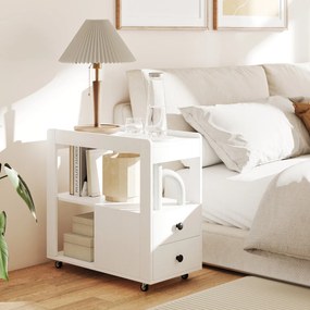 Mesa Lateral para Sofá ou Mesa de Cabeceira 65 x 30 x 62 cm com 2 Gavetas e Prateleiras Abertas com Rodas para Sala Branco