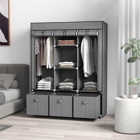 Guarda Roupa dobrável em tecido com 5 prateleiras, 2 varões e 3 gavetas em tecido 125 C x 43 L x 162,5 A cm Cinzento