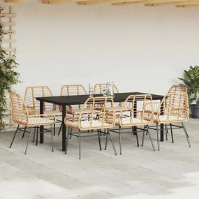 Conjunto jantar jardim 9 peças almofadas vidro vime PE castanho