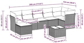 8 pcs conj. sofás jardim c/ almofadões vime PE cinzento-claro