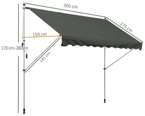 Toldo Manual Retrátil para Exterior 300x150x170-280cm Toldo Enrolável Altura Ajustável com Manivela Proteção Solar para Terraço Balcão Jardim Cinza