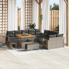 Conjunto de Sofá de Jardim de 13 Peças com Almofadas Cinza Polyrattan Acácia