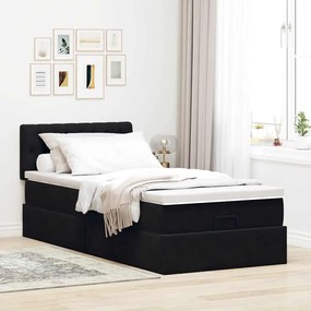 Estrutura de cama otomana com colchão preto veludo