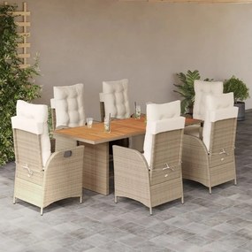 vidaXL 7 pcs conjunto de jantar p/ jardim com almofadões vime PE bege