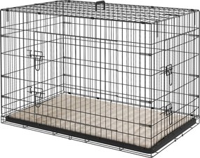 Gaiola de transporte dobrável para cães com pega, tabuleiro removível e almofada incluída – 105 x 70 x 75 cm – preta