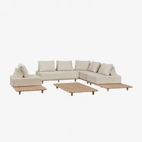 Conjunto De Jardim Com Sofá De Canto Modular De 3 Peças Com Mesa Lateral E Mesa De Centro 160x95 Cm Em Acácia Portet Gardénia Branco - Sklum