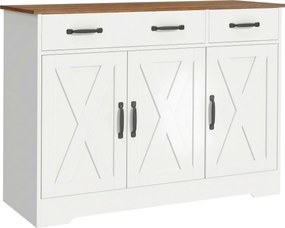 HOMCOM Buffet para cozinha, móvel de arrumação com 3 portas de celeiro, 2 gavetas e prateleiras ajustáveis, 108 x 40 x 81 cm, branco | Aosom Portugal