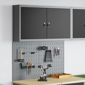 Conjunto de Armário para Ferramentas e Painel de Ferramentas de 3 Peças, Montado na Parede, Metal Preto