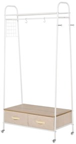 HOMCOM Suporte para Cabides de Metálico Cabideiro com Rodas Prateleira e 2 Gavetas para Organizar Roupas Bolsos 99x47x185cm Branco