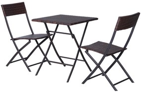 Conjunto de 3 Peças de Rattan Conjunto de 2 Cadeiras e Mesa para Pátio Varanda Jardim Dobrável Desenho Trançado Elegante Mesa de 60x60x72 cm Cor Marro