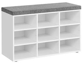 Banco para sapatos VASAGLE com almofada, banco de armazenamento com assento acolchoado, banco de entrada com 9 compartimentos, prateleiras ajustáveis, para quarto, 11,9 x 30,9 x 18,9 polegadas, branco e cinza LHS009W14