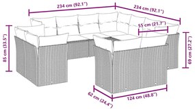 11 pcs conjunto sofás de jardim c/ almofadões vime PE preto