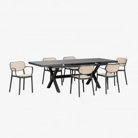 Conjunto De Mesa Extensível Retangular 180-240x90 Cm Karena E 6 Cadeiras De Jardim Com Braços Em Alumínio Omara Cinza Grafito - Sklum