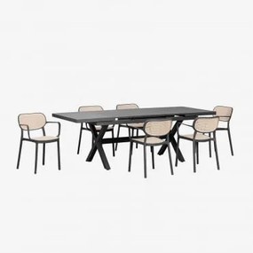 Conjunto De Mesa Retangular Extensível Karena 180-240x90 Cm E 6 Cadeiras De Jardim Empilháveis Com Apoios De Braços Omara Cinza Grafito - Sklum