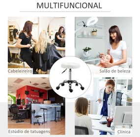 HOMCOM Banco Giratório com Rodas Altura Ajustável entre 48-63cm Banco de Trabalho Estofado em Couro PU para Salão Dentista Diâmetro Ø35,5cm Branco