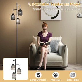 Candeeiro de pé vintage com 3 luzes 25x25x173 cm, abajur de papel tecido, interruptor de pedal, estrutura metálica, para sala, quarto ou escritório, p