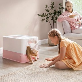 Caixa de areia para gatos com tampa e colher espaçoso branco-rosa pastel