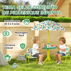Conjunto de Assentos Infantis Conjunto de 4 Peças com Guarda-sol Removível Mesa Infantil com 2 Cadeiras Dobráveis Verde