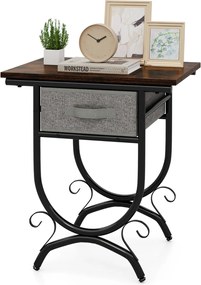 Mesa de cabeceira com gaveta de tecido, tábua de madeira e estrutura metálica 48 x 35 x 53 cm Castanho e cinzento